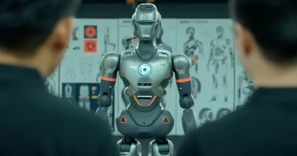 Megdobbento latni amint egy nyilvanos bemutato kozepen rug hasba egy kisgyermeket egy humanoid robot